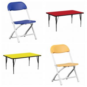 kids chairs and tables showcased in blue, red, yellow and peach